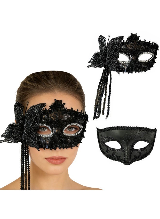 Half Face Mask Venetian Masquerade Eye Mask Black Exquisite Women Men Carnival Party Decoration,2 PCS - Image 1